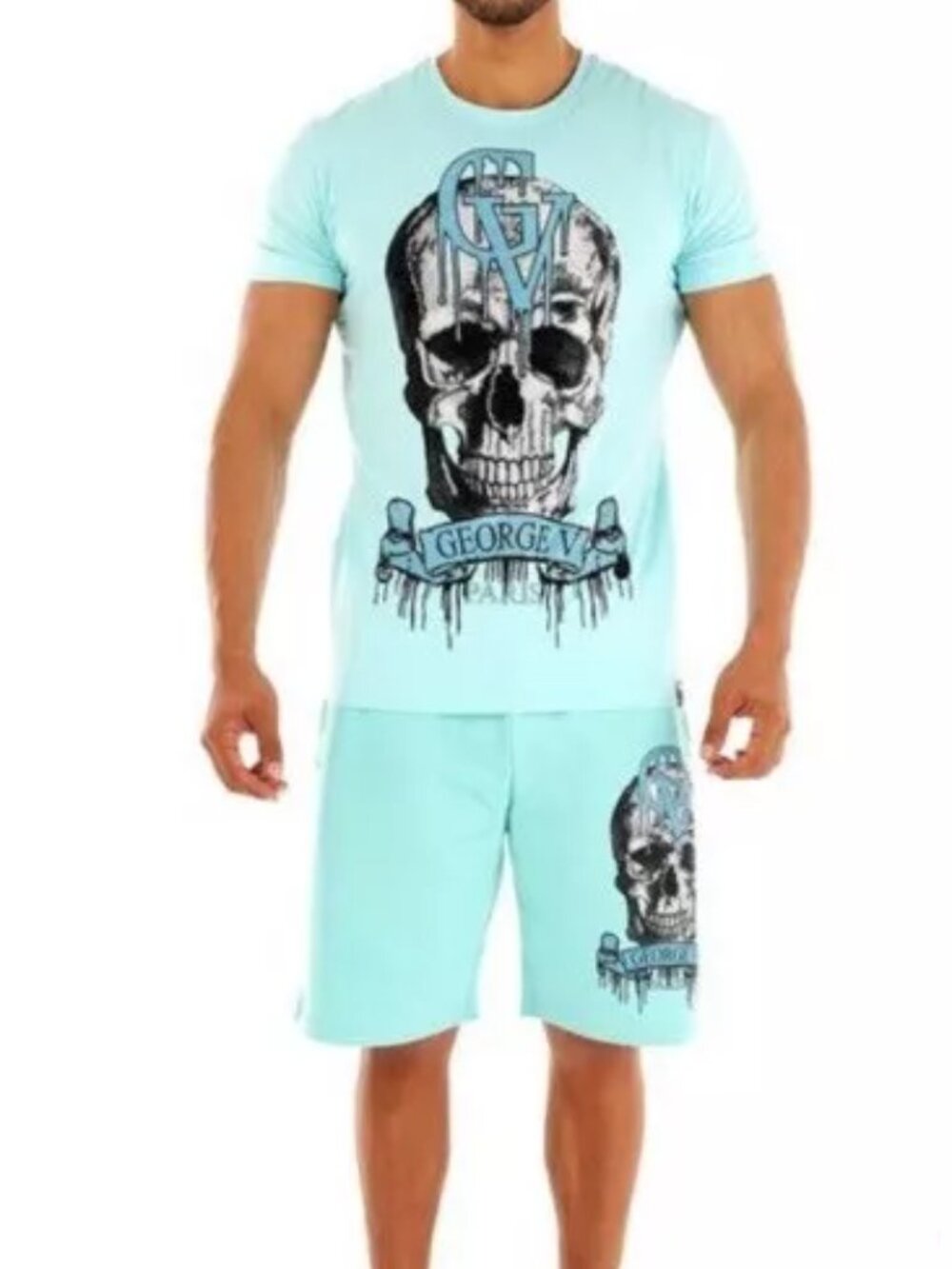 Avenue George V Paris Short Set Men's 2 piece set BLUE Skull Rhinestone NWT